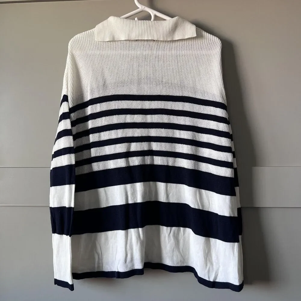 Tommy Hilfiger Sweater Womens Medium White Navy Stripe Lace‎ Up Hooded Pullover